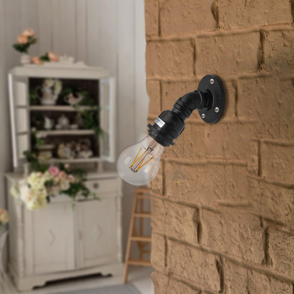 Industrial Water Pipe Wall Lamp Holder E27 Base, Retro Vintage Style Black Metal