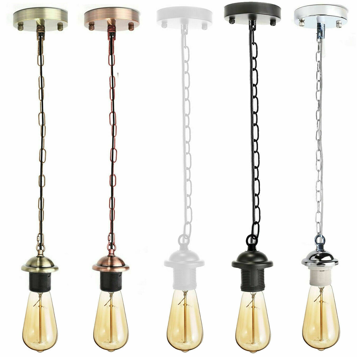 Adjustable E27 Industrial Pendant Lamp Holder Kit with Chain - Multiple Finishes