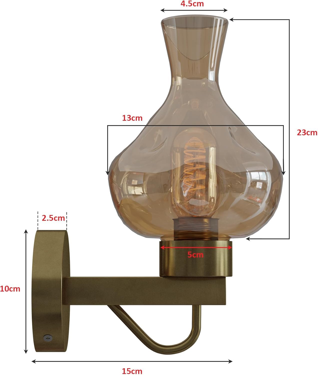 Mid-Century Modern Brass Finish Wall Sconce Light Fixture with Amber Glass Shade
