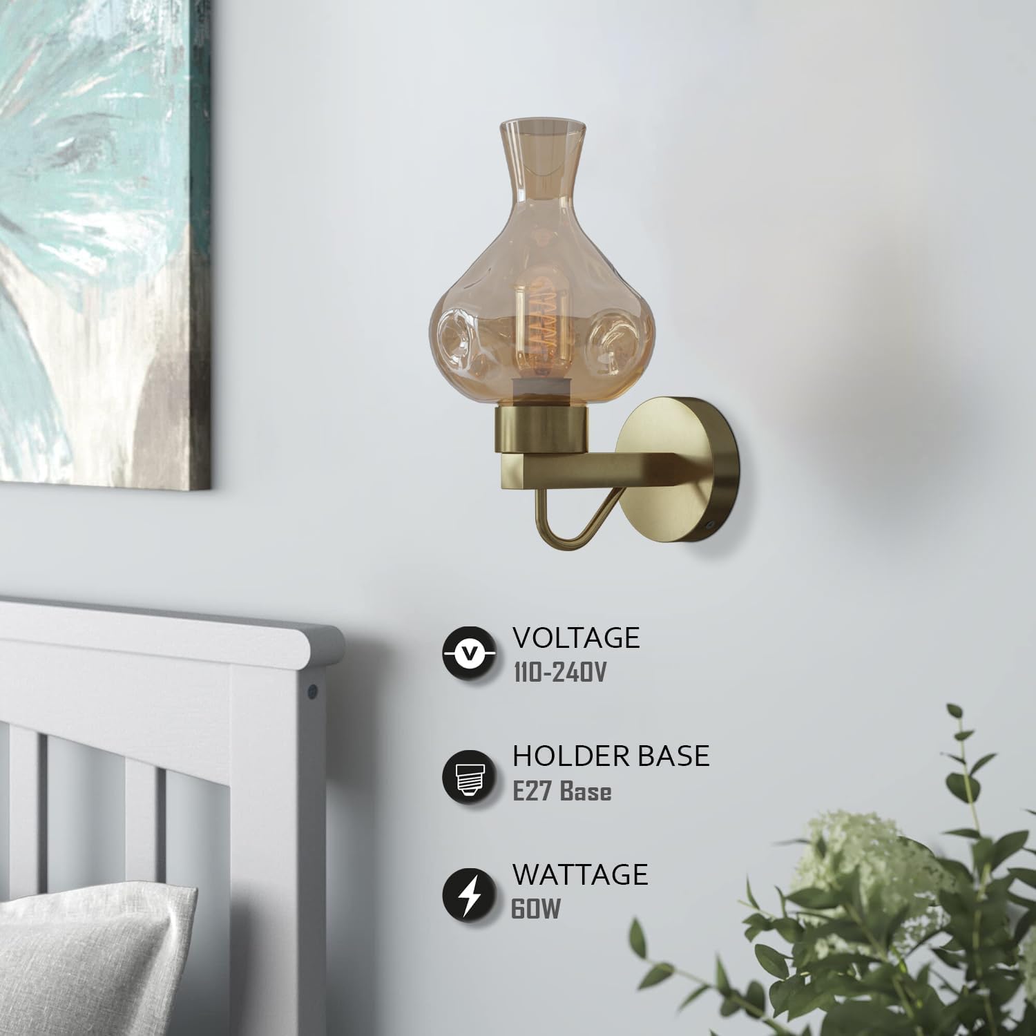 Mid-Century Modern Brass Finish Wall Sconce Light Fixture with Amber Glass Shade