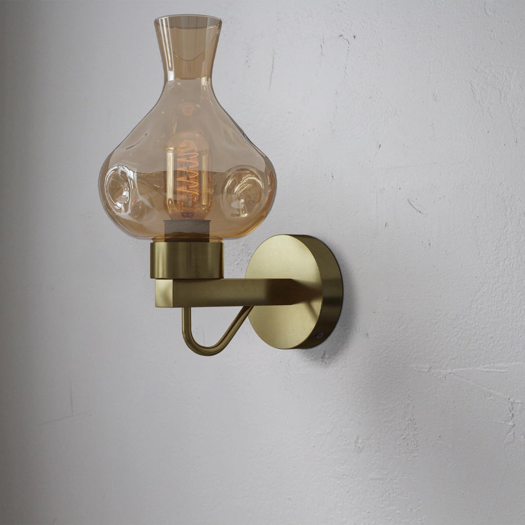Mid-Century Modern Brass Finish Wall Sconce Light Fixture with Amber Glass Shade