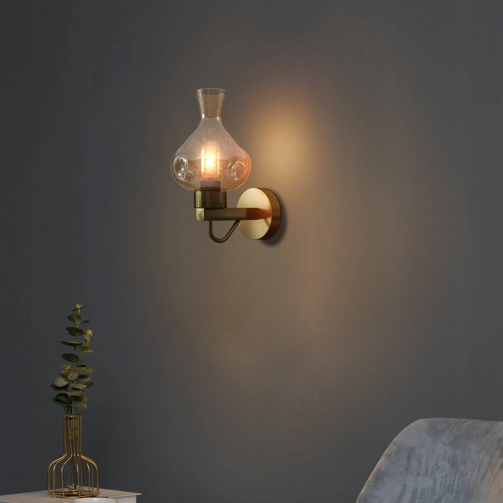 Mid-Century Modern Brass Finish Wall Sconce Light Fixture with Amber Glass Shade