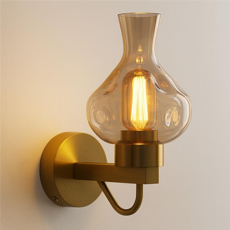 Mid-Century Modern Brass Finish Wall Sconce Light Fixture with Amber Glass Shade