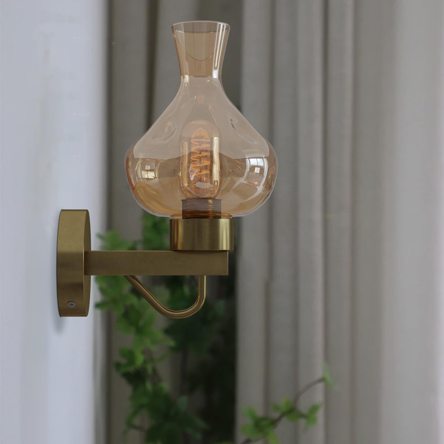 Mid-Century Modern Brass Finish Wall Sconce Light Fixture with Amber Glass Shade