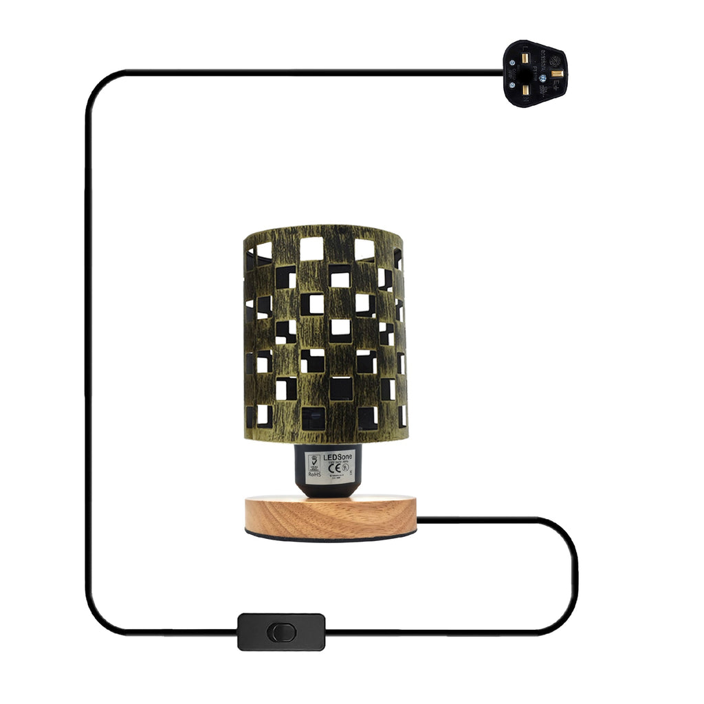 Modern Industrial Bedside Table Lamp with Metal Cage & Wood Base, E27 Plug-in