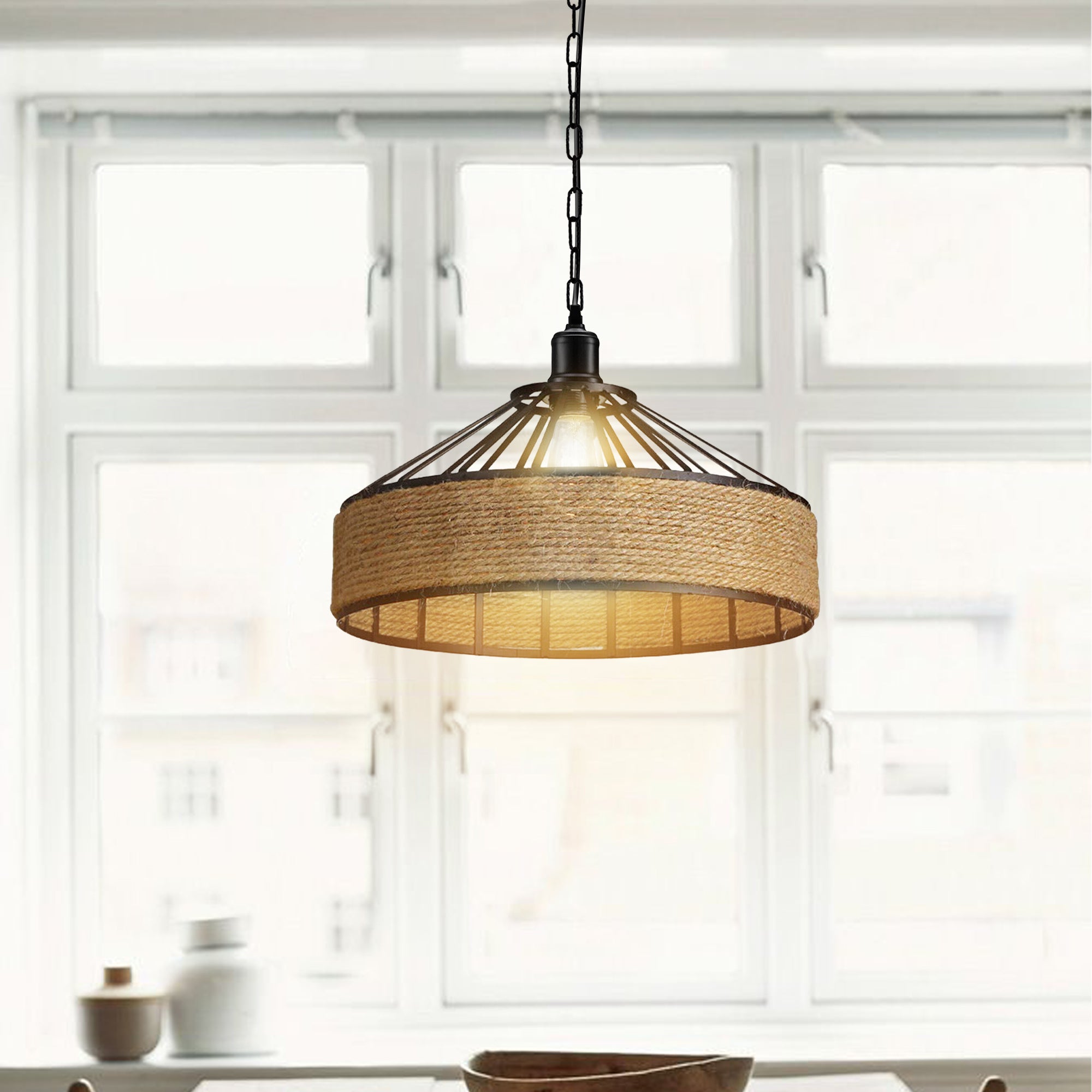 Chic Hemp Rope Pendant Light: Metal Cage, Adjustable Height, Rustic Farmhouse Style