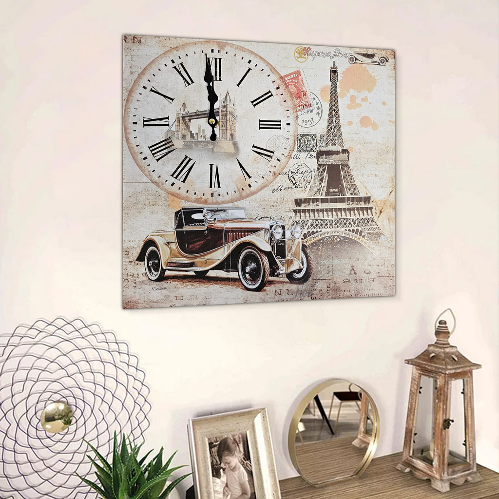 Eiffel Tower Rectangular Wooden Wall Clock Modern Frameless Vintage Car Design