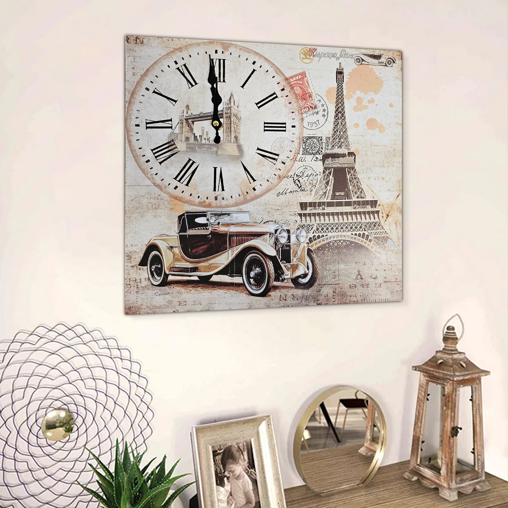 Eiffel Tower Rectangular Wooden Wall Clock Modern Frameless Vintage Car Design
