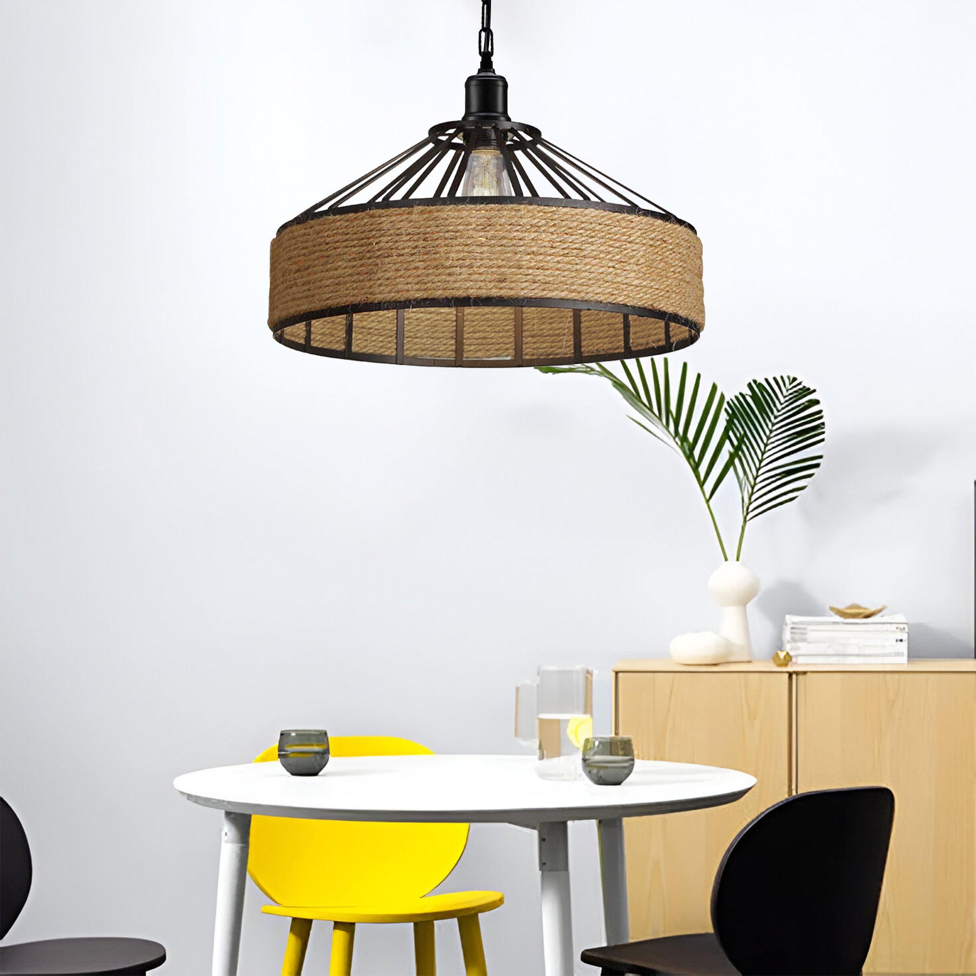 Chic Hemp Rope Pendant Light: Metal Cage, Adjustable Height, Rustic Farmhouse Style