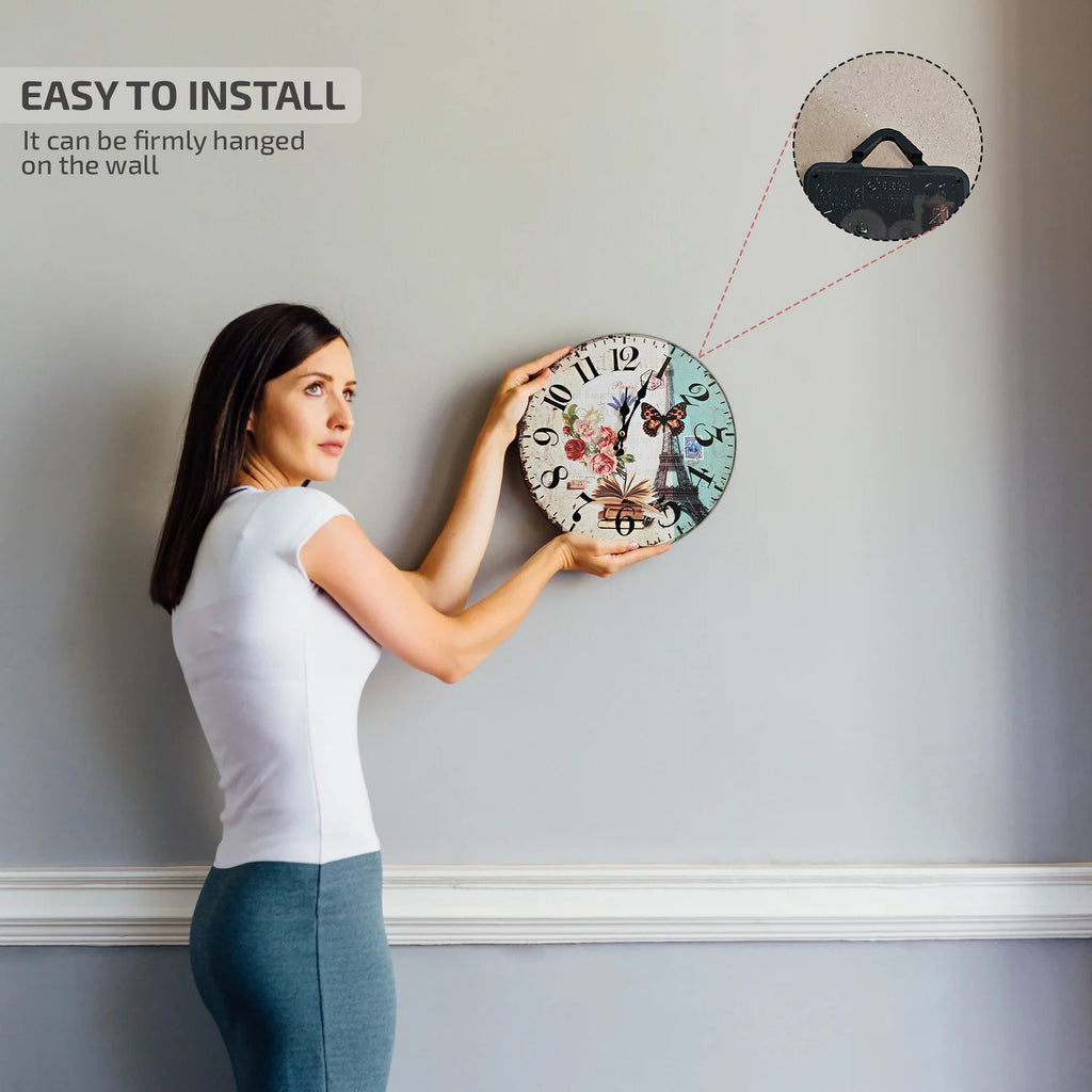 Retro Round Shabby Chic Patchwork Wooden Decorative Wall Art Clock
