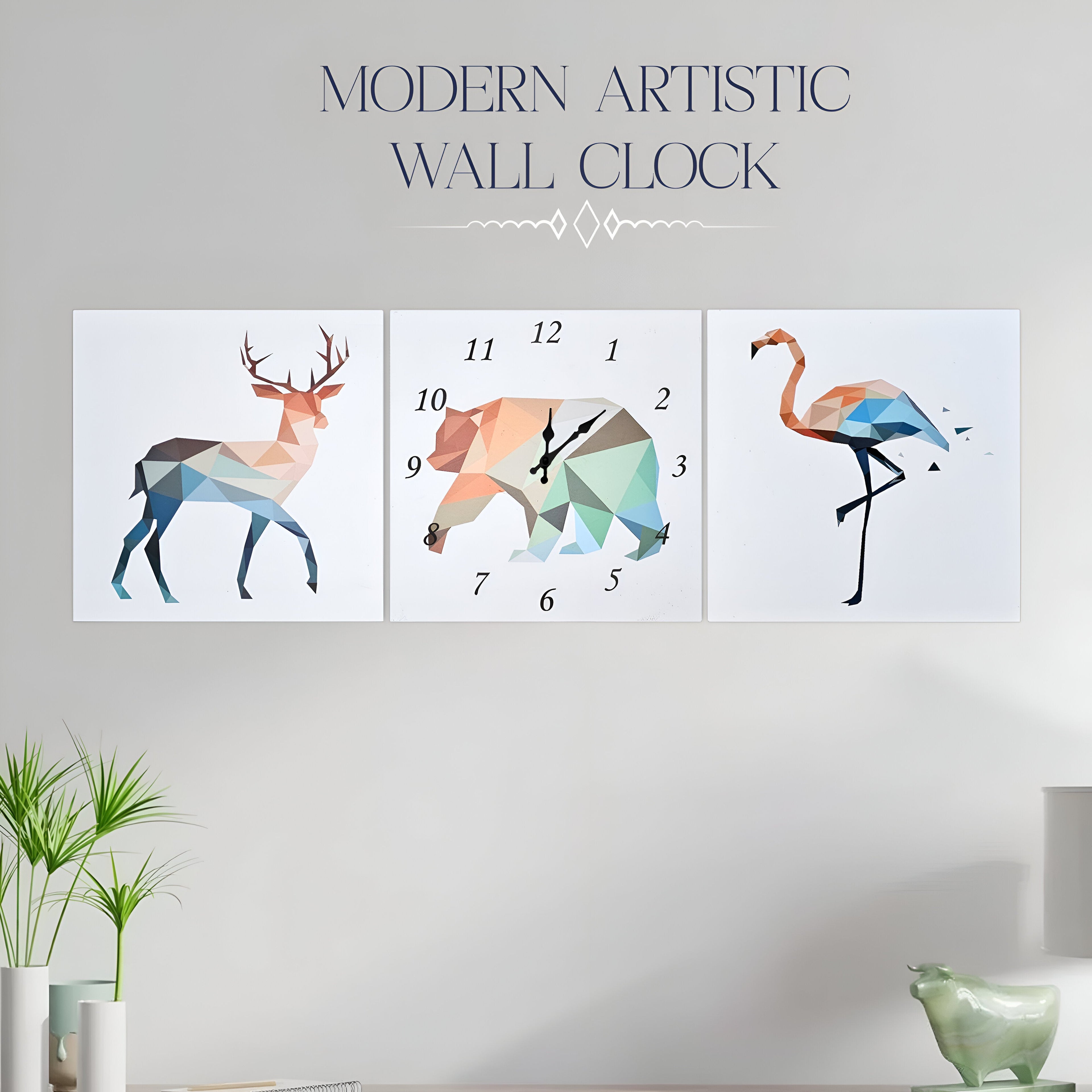 Charming Animal Wall Clock: Deer, Bear, Flamingo Art Painting Decorative Timepiece