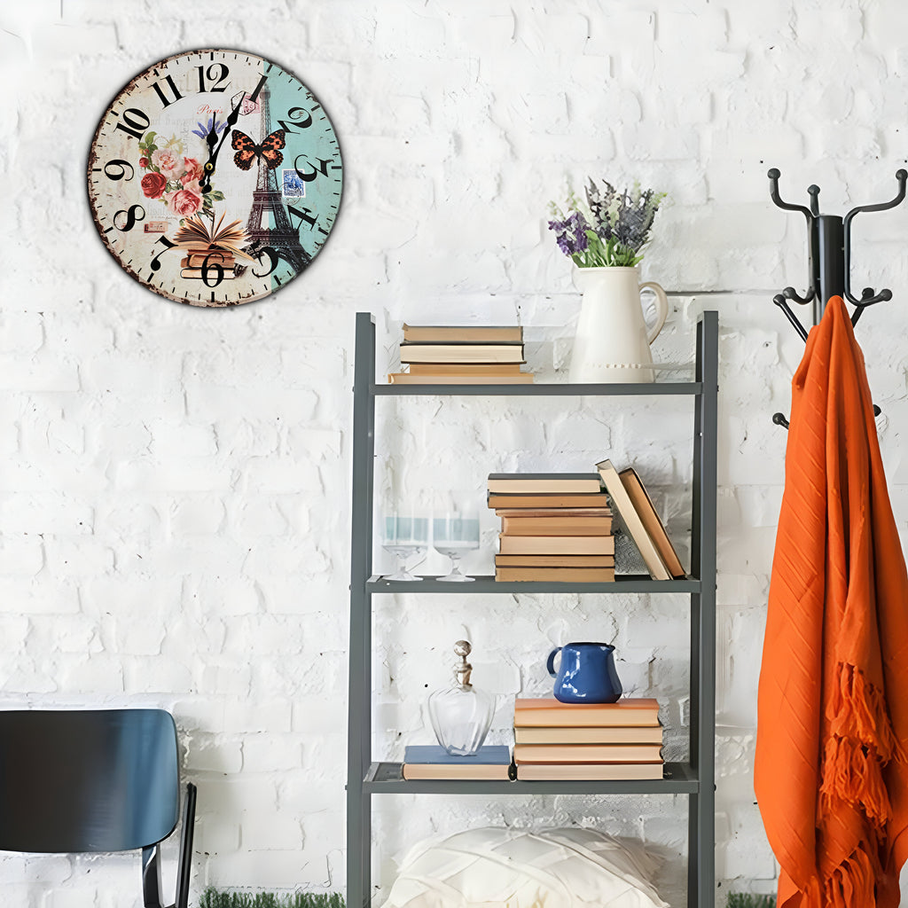 Retro Round Shabby Chic Patchwork Wooden Decorative Wall Art Clock