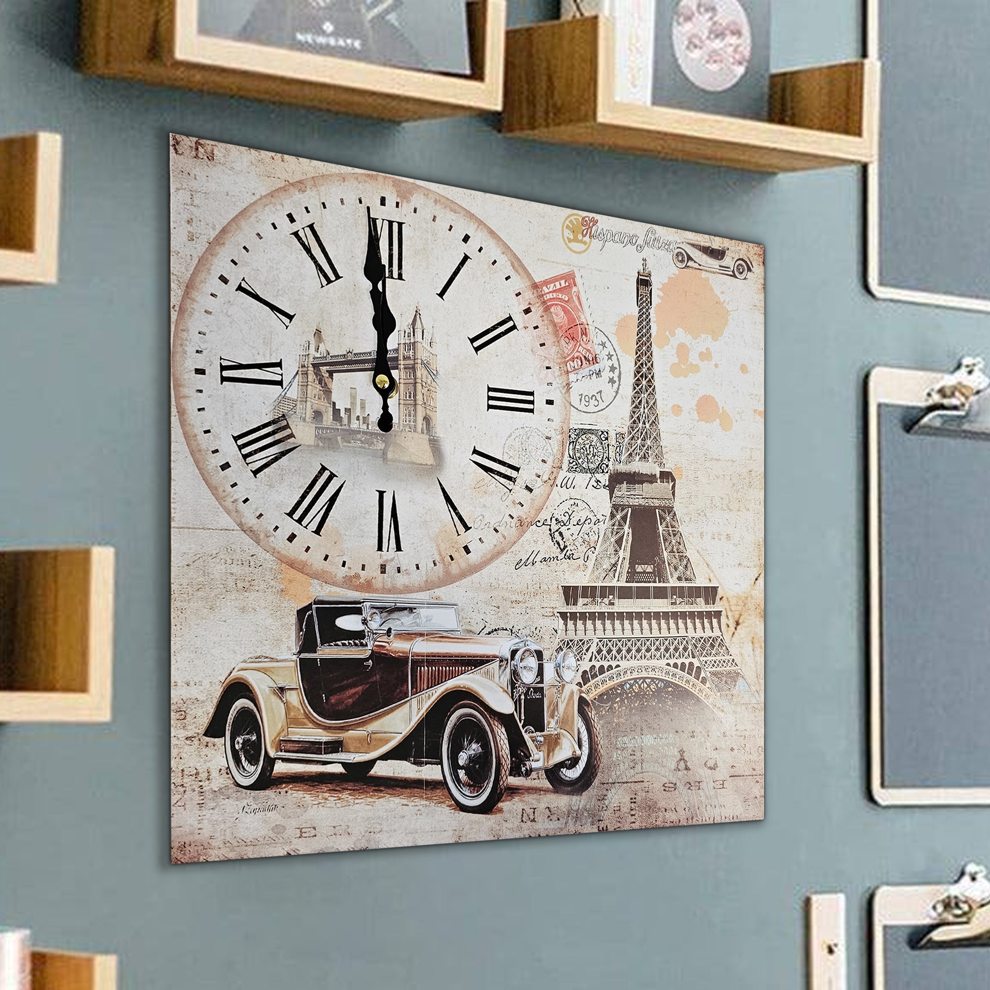 Eiffel Tower Rectangular Wooden Wall Clock Modern Frameless Vintage Car Design