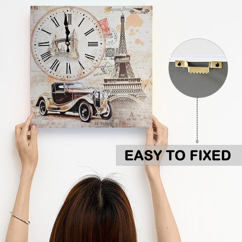 Eiffel Tower Rectangular Wooden Wall Clock Modern Frameless Vintage Car Design