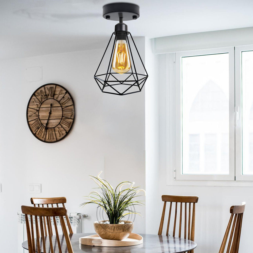 Modern Black Wire Cage Semi Flush Mount Ceiling Light with E27 Base