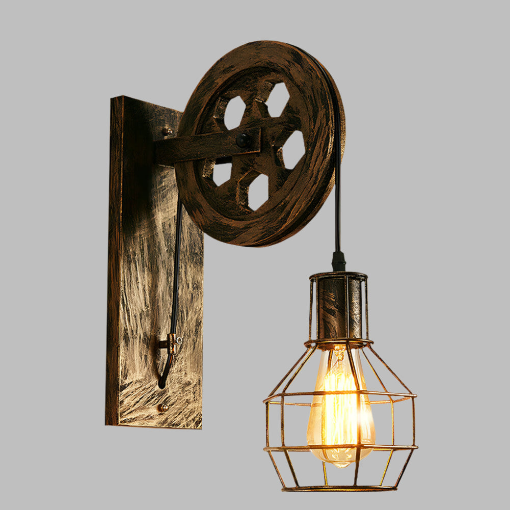 Vintage Industrial Pulley Wall Lamp: Adjustable Height E27 Lighting Fixture Home Decor