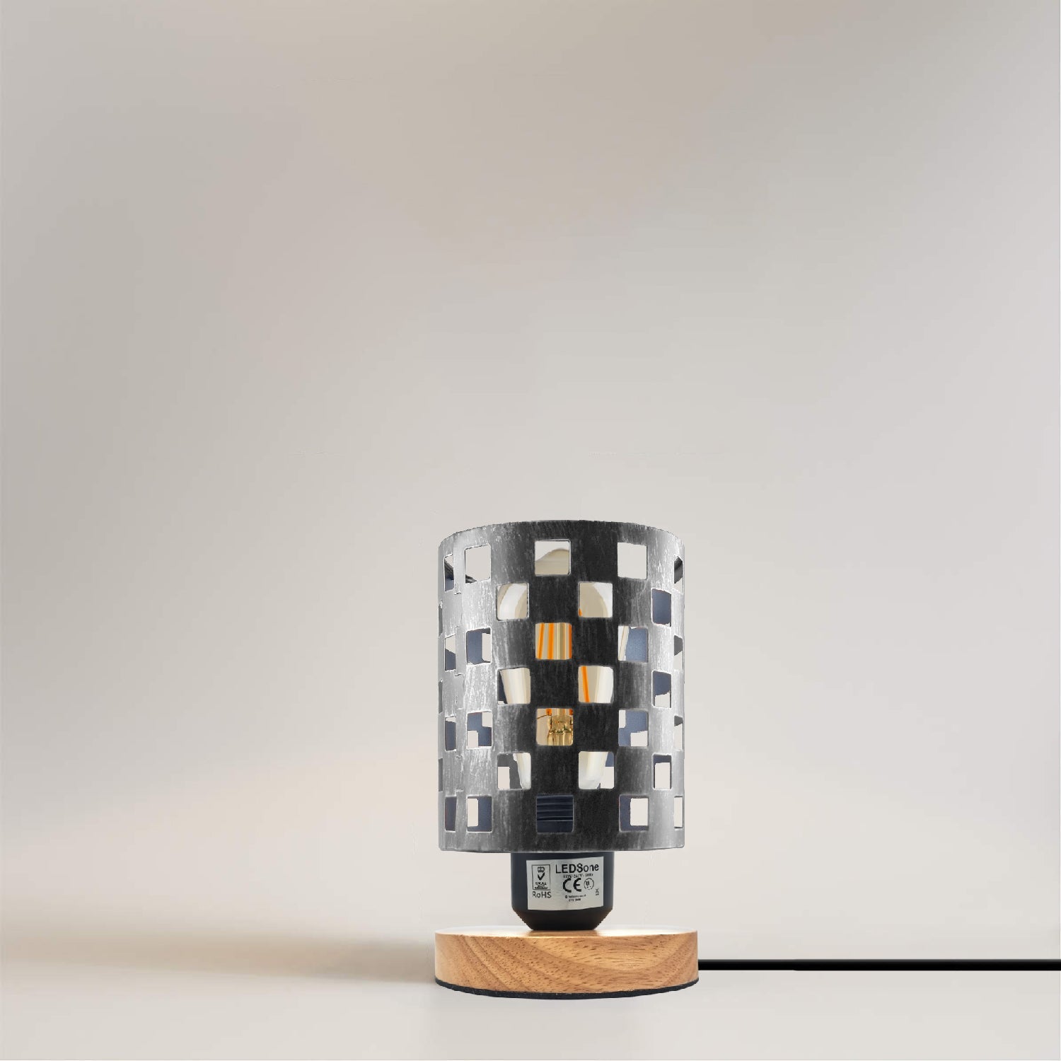 Modern Industrial Bedside Table Lamp with Metal Cage & Wood Base