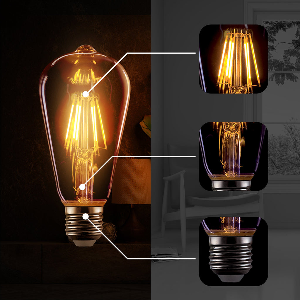 6-Pack Dimmable ST64 E27 Screw LED Filament Bulbs, 8W Retro Warm White