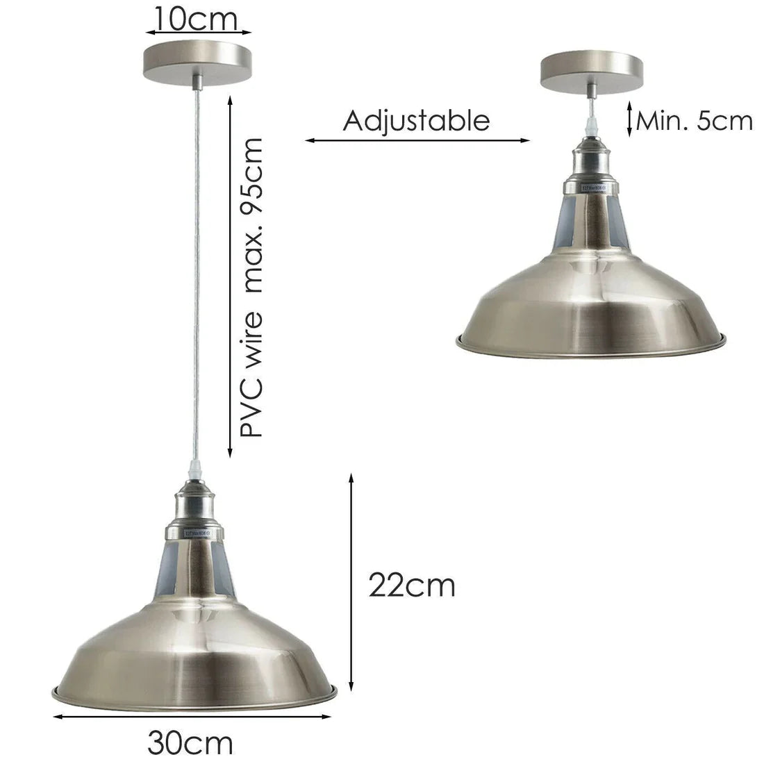 Modern Industrial Metal Pendant Light Fixture, Adjustable Height, E27 Satin Nickel