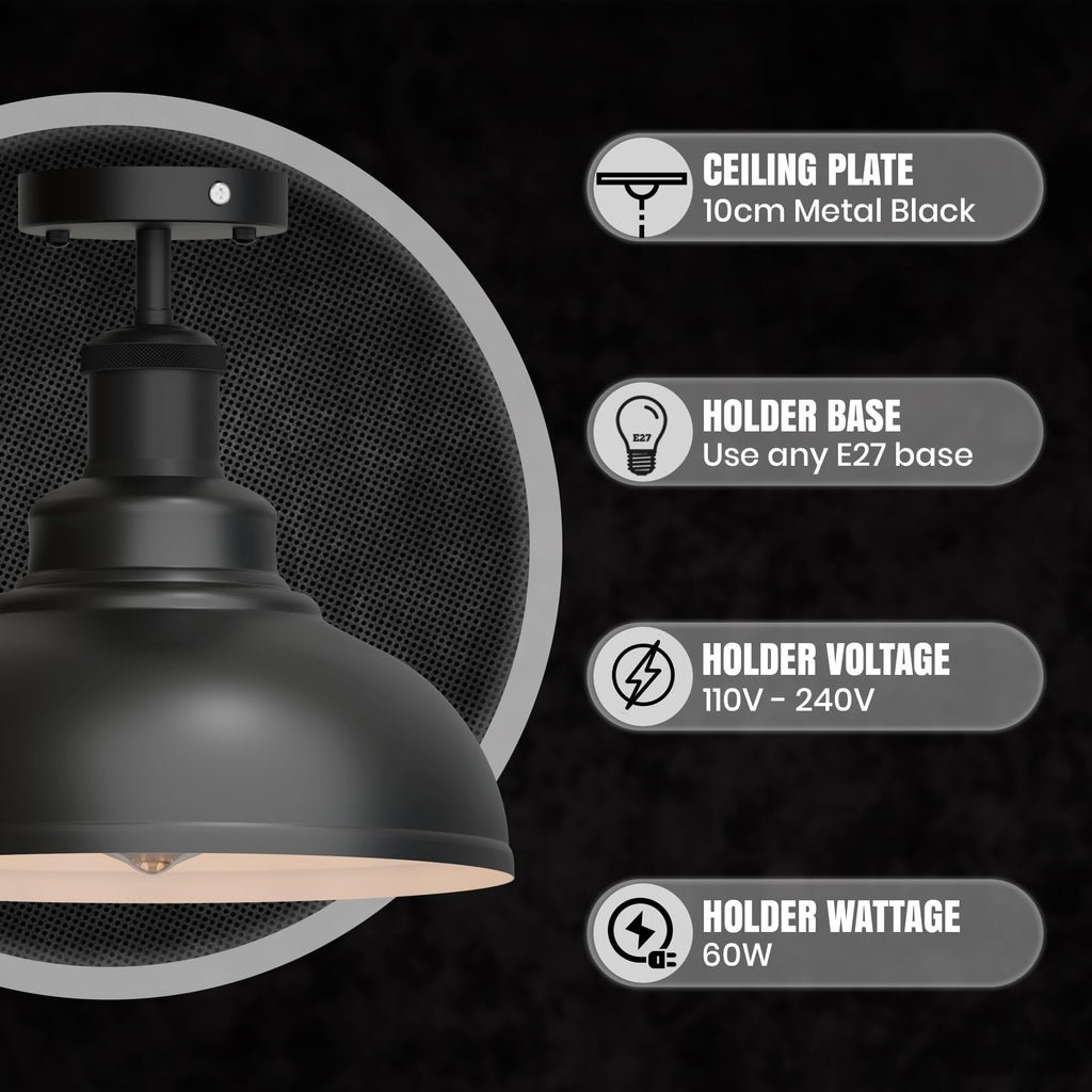 Industrial Modern Metal Dome Semi-Flush Ceiling Light E27 Base Fixture