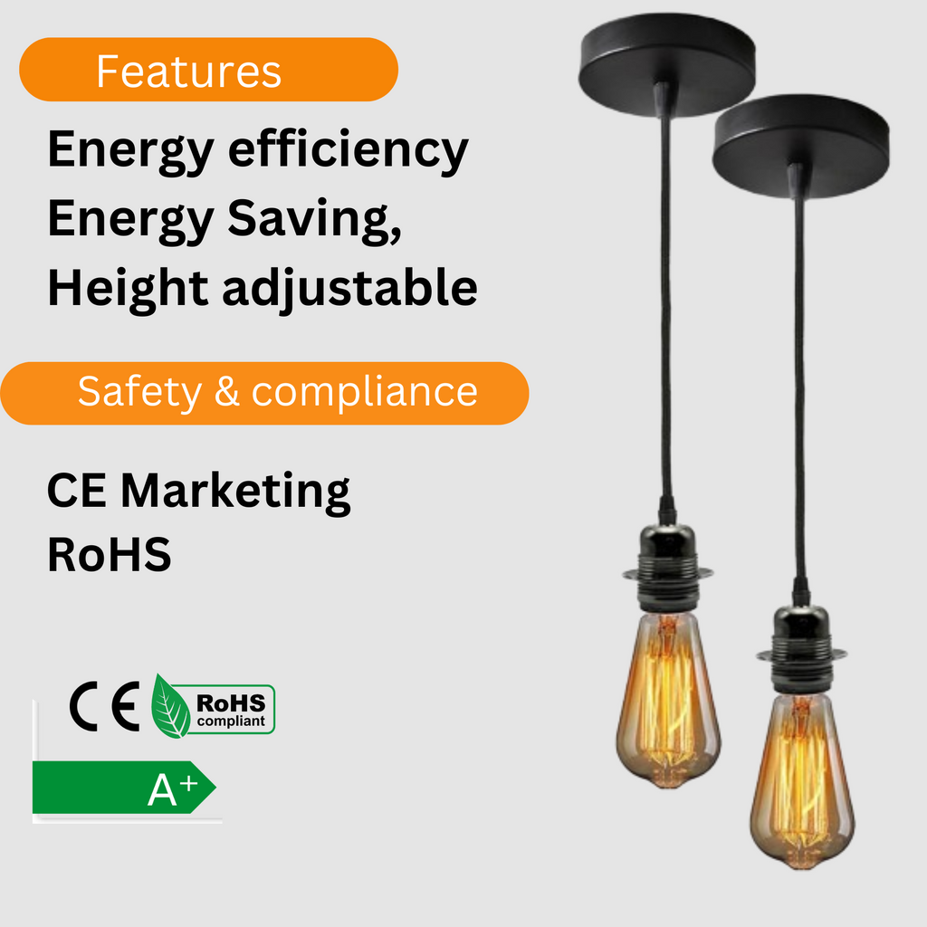 2-Pack Black E27 Pendant Light Kit PVC Cable Ceiling Fixture Holder