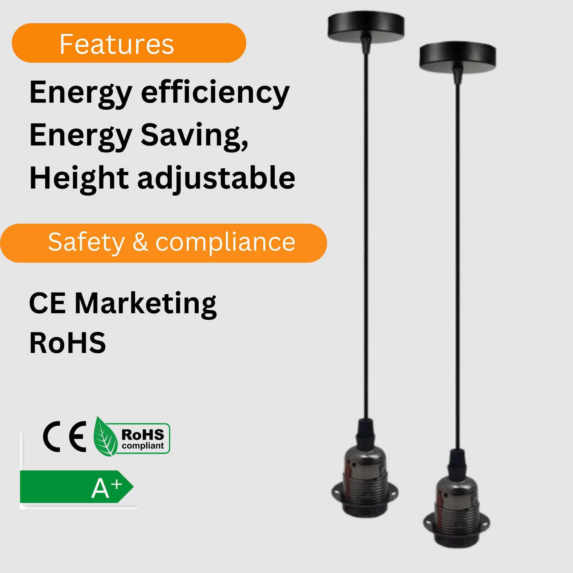 2-Pack Black E27 Pendant Light Kit PVC Cable Ceiling Fixture Holder