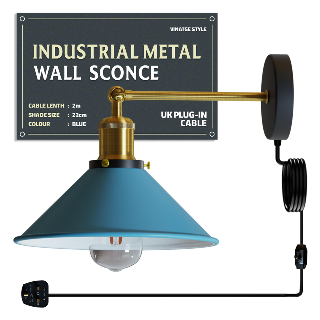 Industrial Indoor Plug-in Wall Light with Dimmer Switch, Adjustable Metal Shade