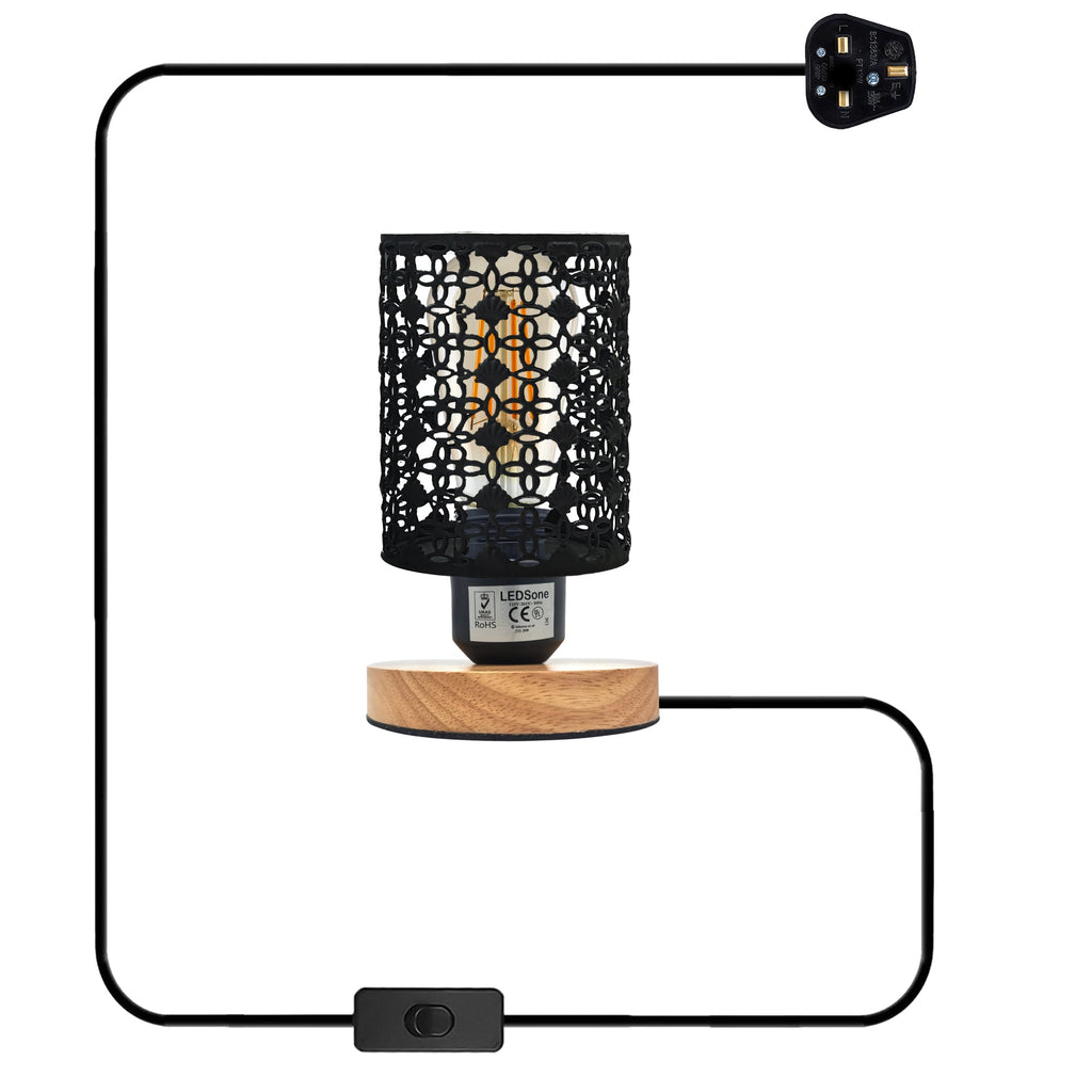 Charming Wire Cage Table Lamp with Wooden Base, Modern Desk Bedside Light