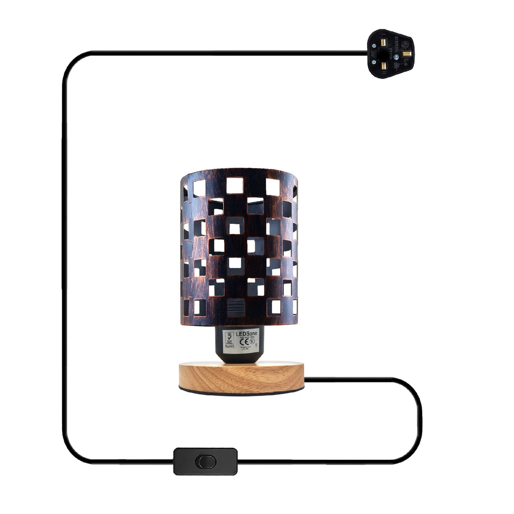 Modern Industrial Bedside Table Lamp with Metal Cage & Wood Base