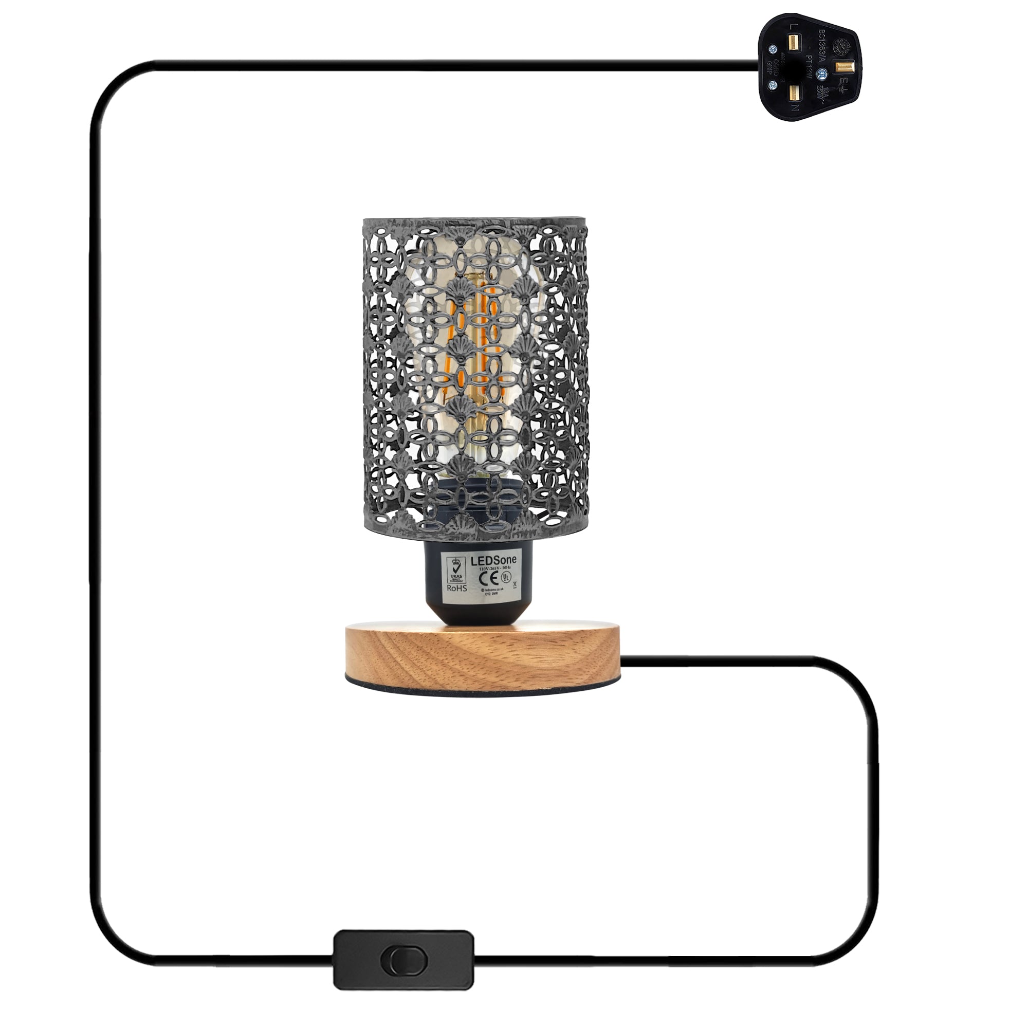 Charming Wire Cage Table Lamp with Wooden Base, Modern Desk Bedside Light