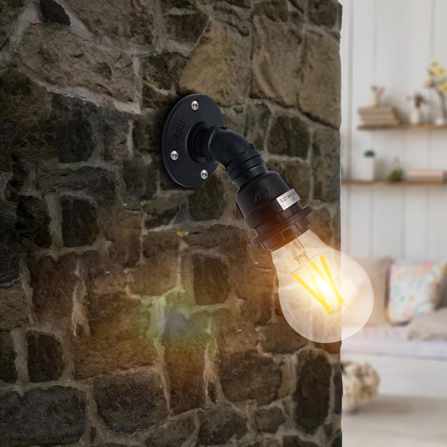 Industrial Water Pipe Wall Lamp Holder E27 Base, Retro Vintage Style Black Metal