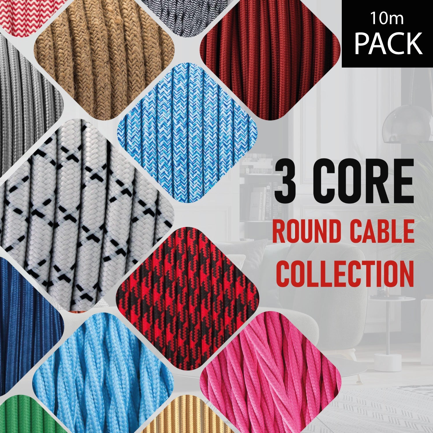 Vintage Style 3-Core Fabric Braided Round Flexible Cable for Pendant Lighting 33Ft
