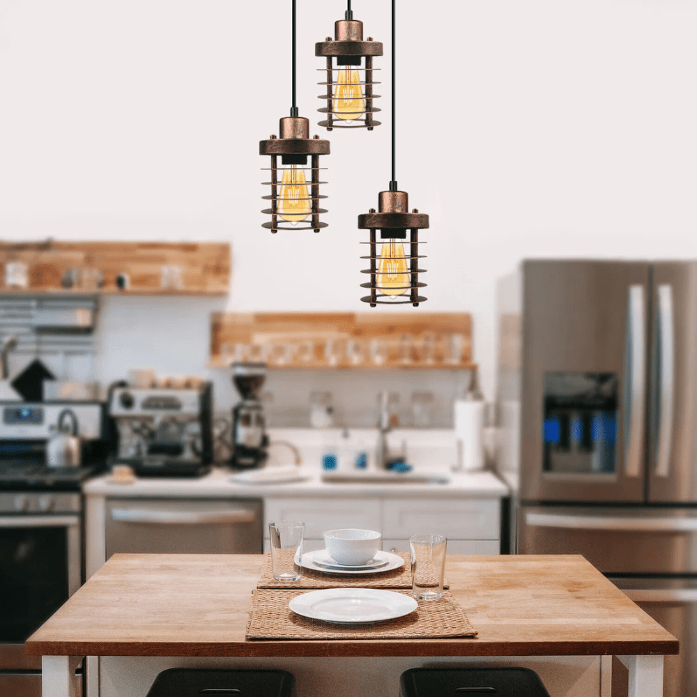 Adjustable Industrial 3-Light Metal Cage Cluster Pendant Ceiling Fixture