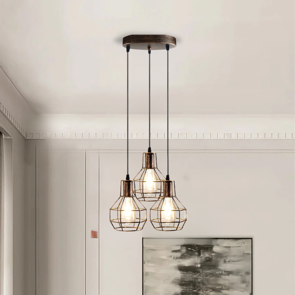 Industrial 3-Light Vintage Metal Cage Pendant Hanging Ceiling Lamp
