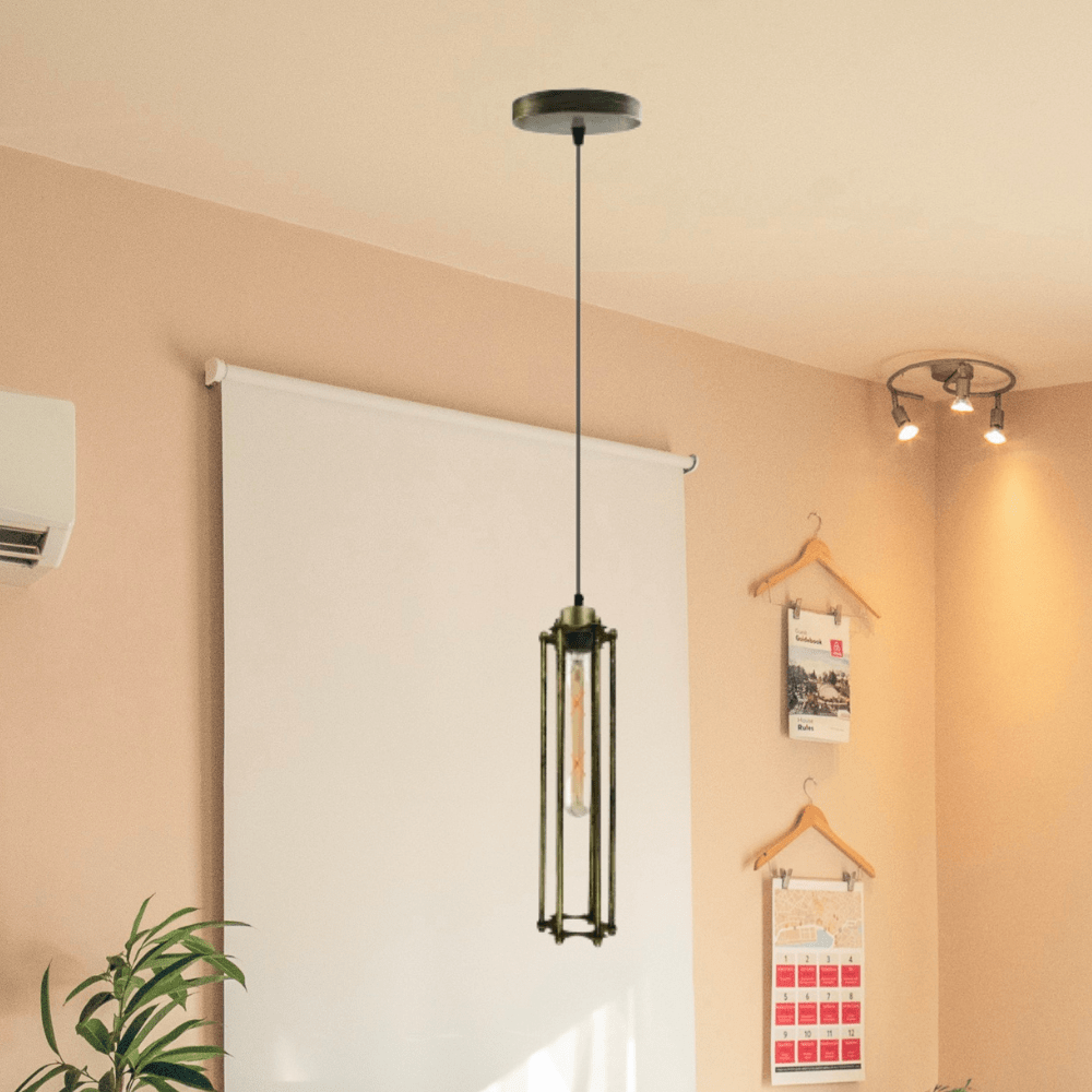 Adjustable Industrial Cage Pendant Light, Brushed Brass Finish, E27 Vintage Style