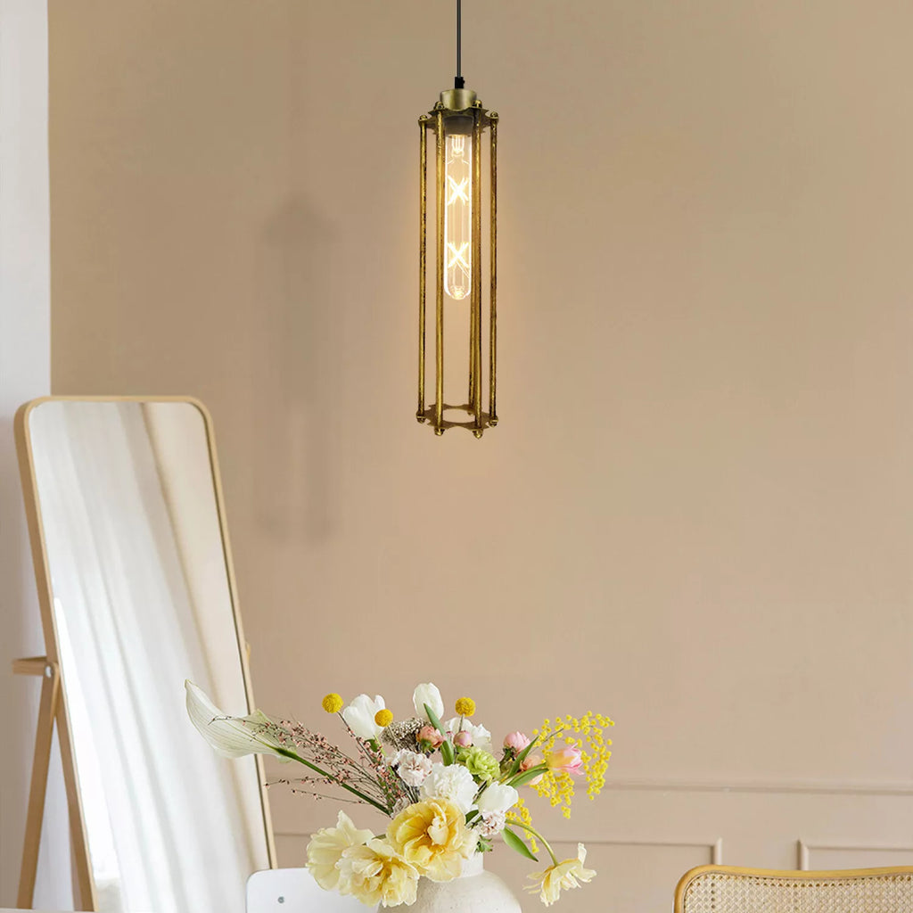 Adjustable Industrial Cage Pendant Light, Brushed Brass Finish, E27 Vintage Style