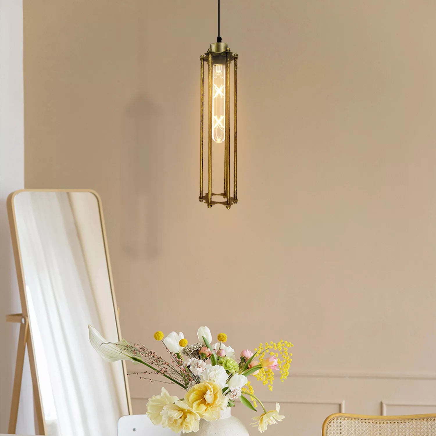 Adjustable E27 Brushed Brass Cage Pendant Light Fixture Modern Industrial