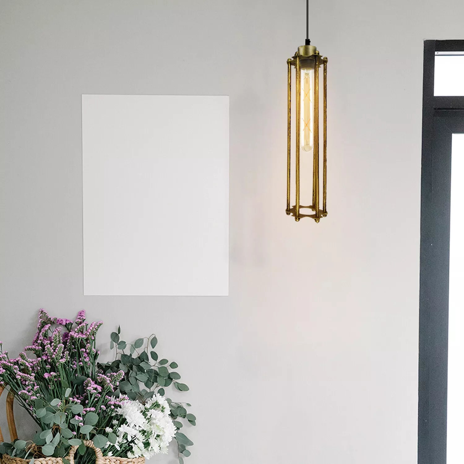 Adjustable E27 Brushed Brass Cage Pendant Light Fixture Modern Industrial