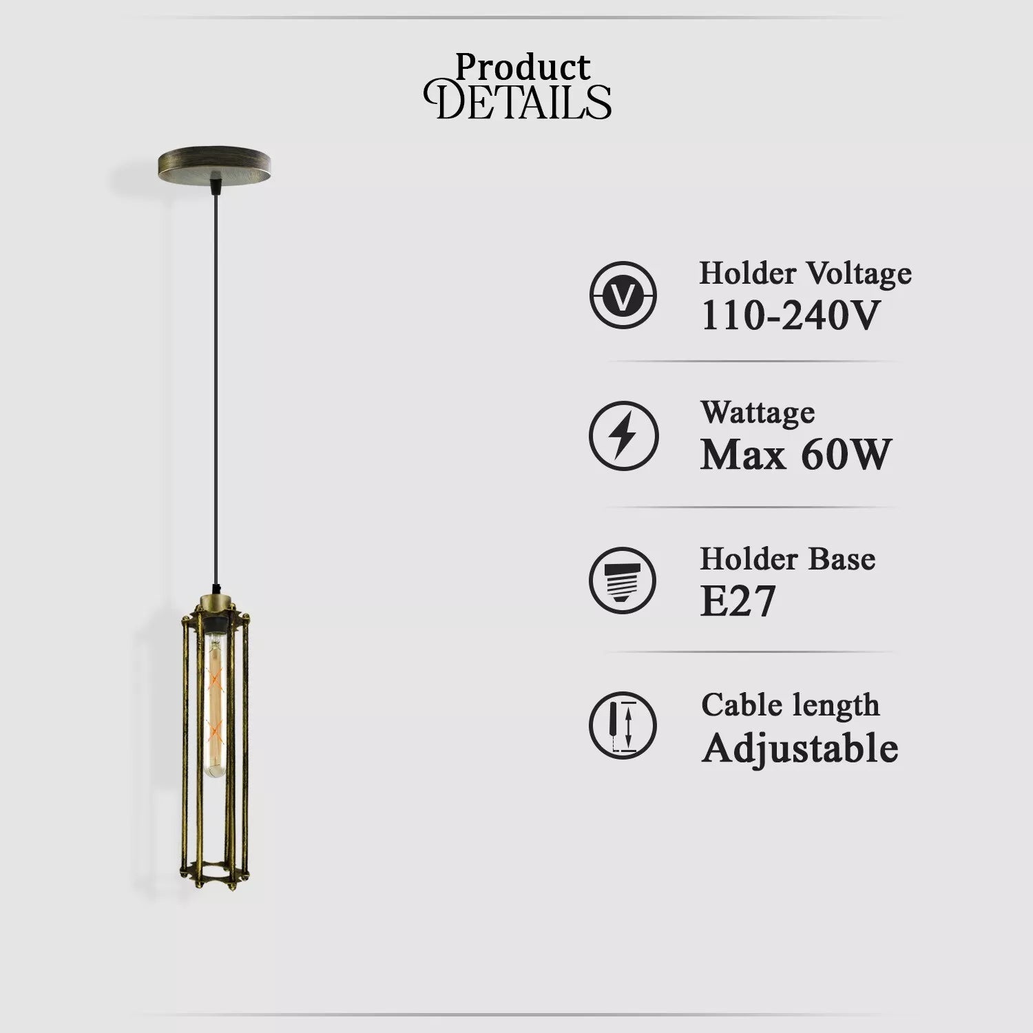 Adjustable Industrial Cage Pendant Light, Brushed Brass Finish, E27 Vintage Style
