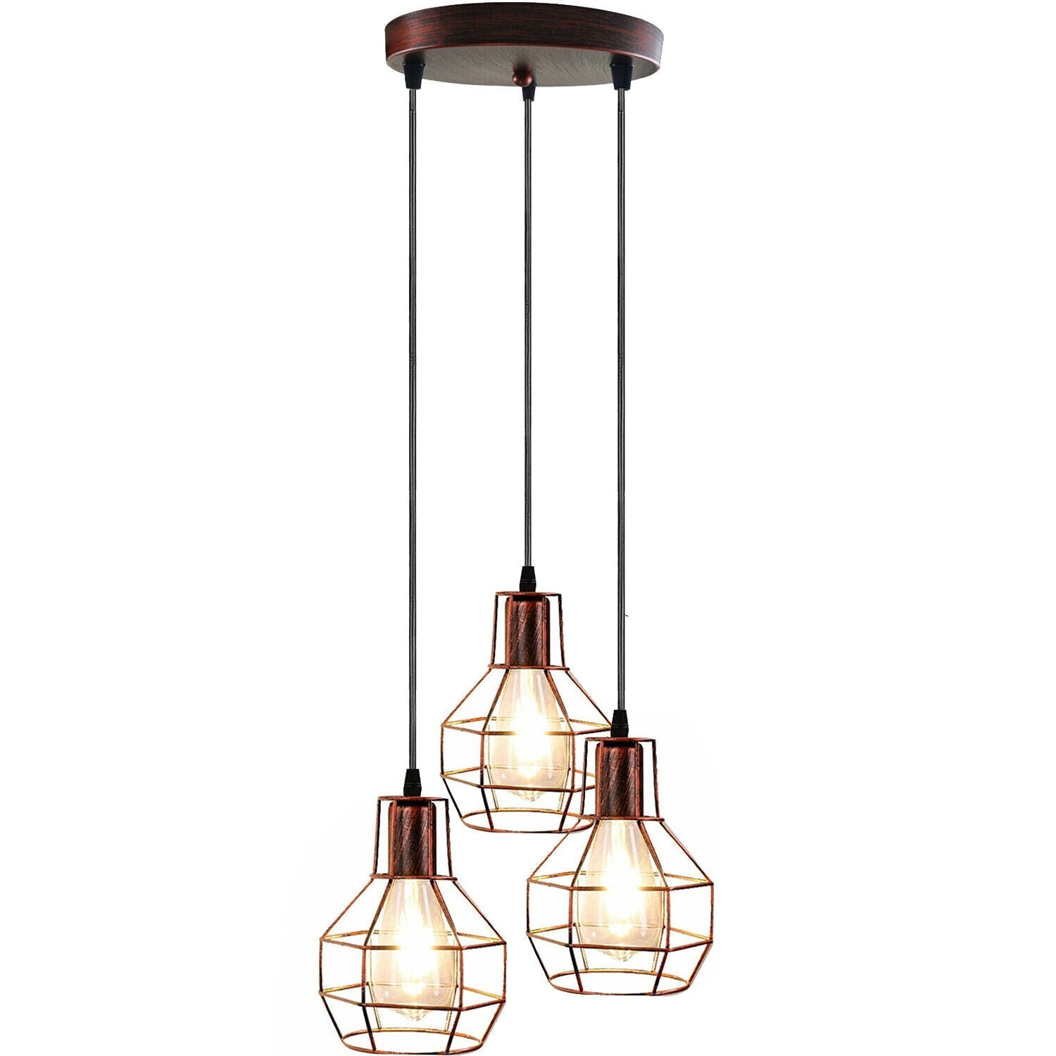 Industrial Retro 3-Light Hanging Cage Pendant Fixture, Adjustable Metal Design