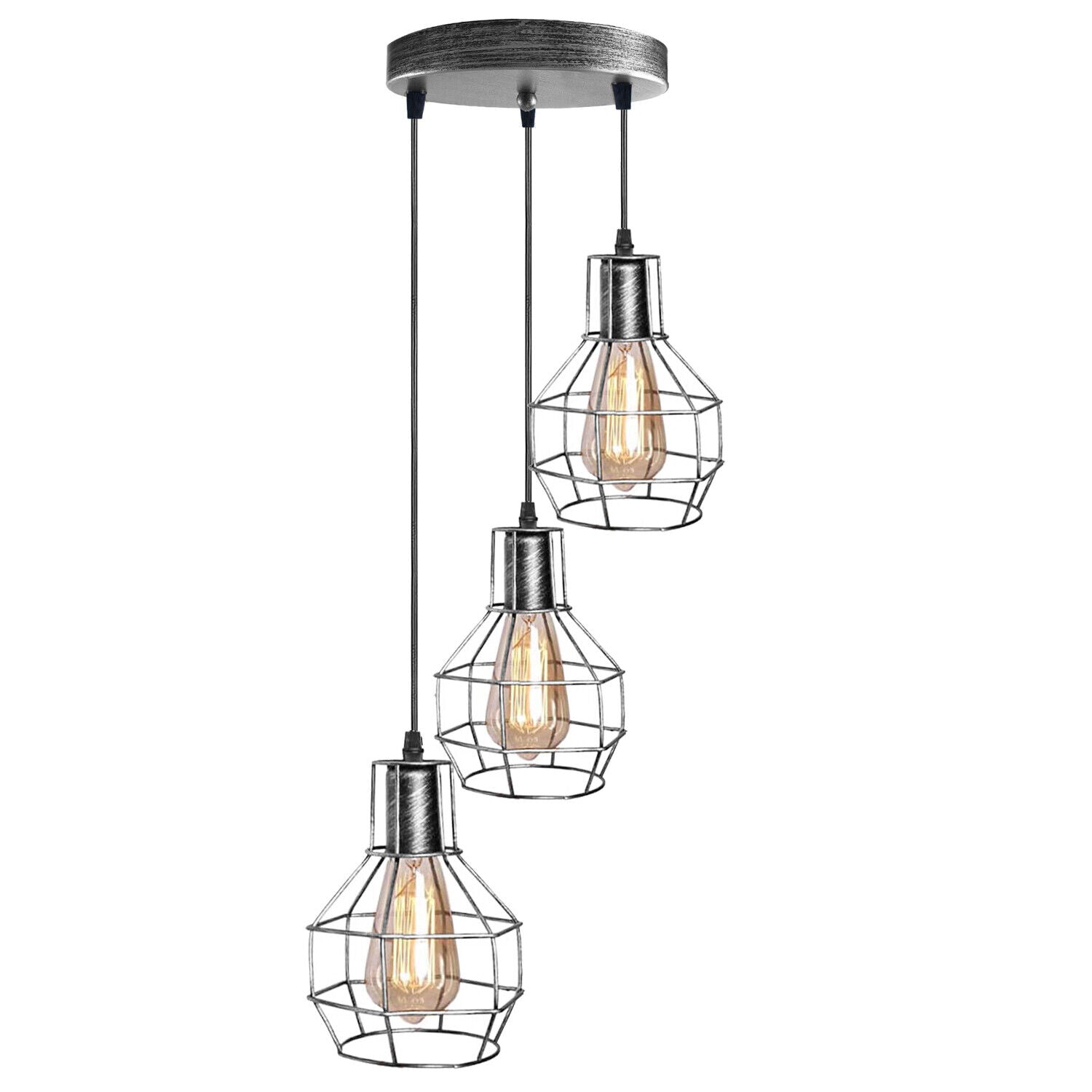 Industrial Retro 3-Light Hanging Cage Pendant Fixture, Adjustable Metal Design