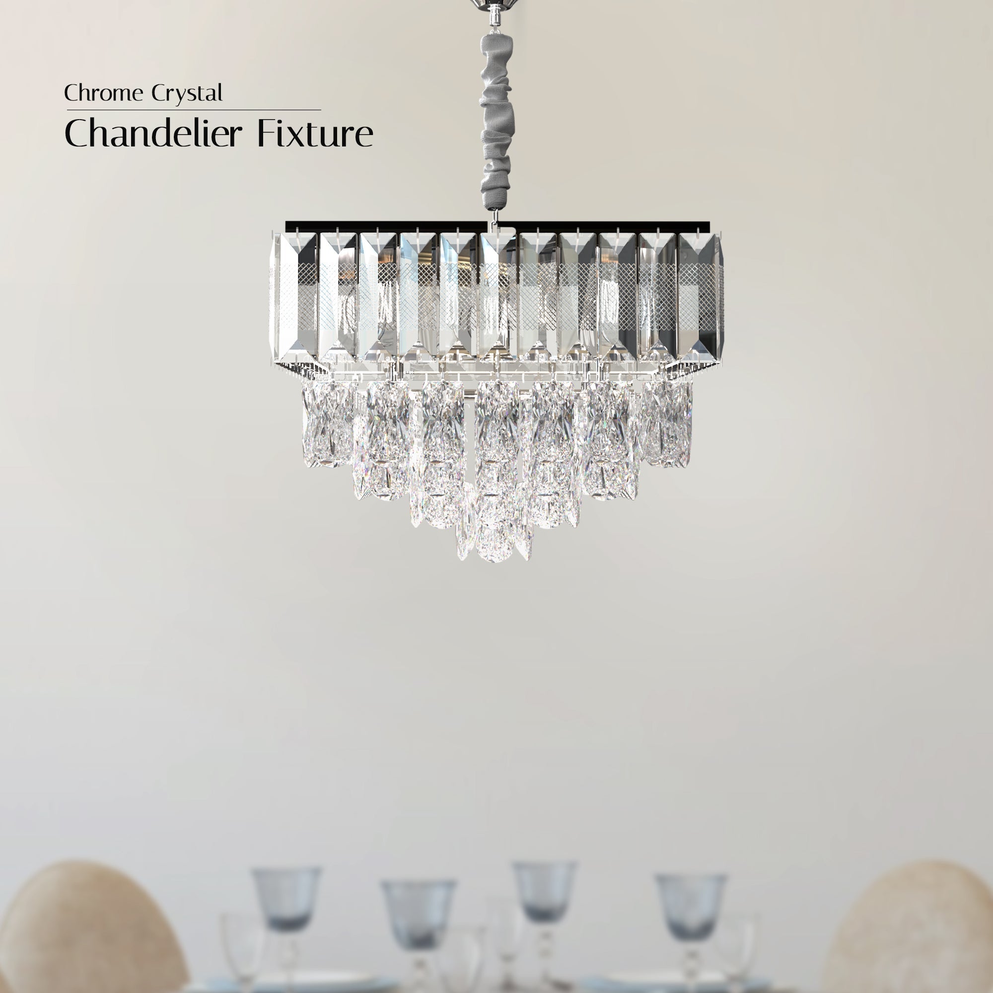 Modern Crystal Chrome Rectangular Droplet Ceiling Chandelier Light