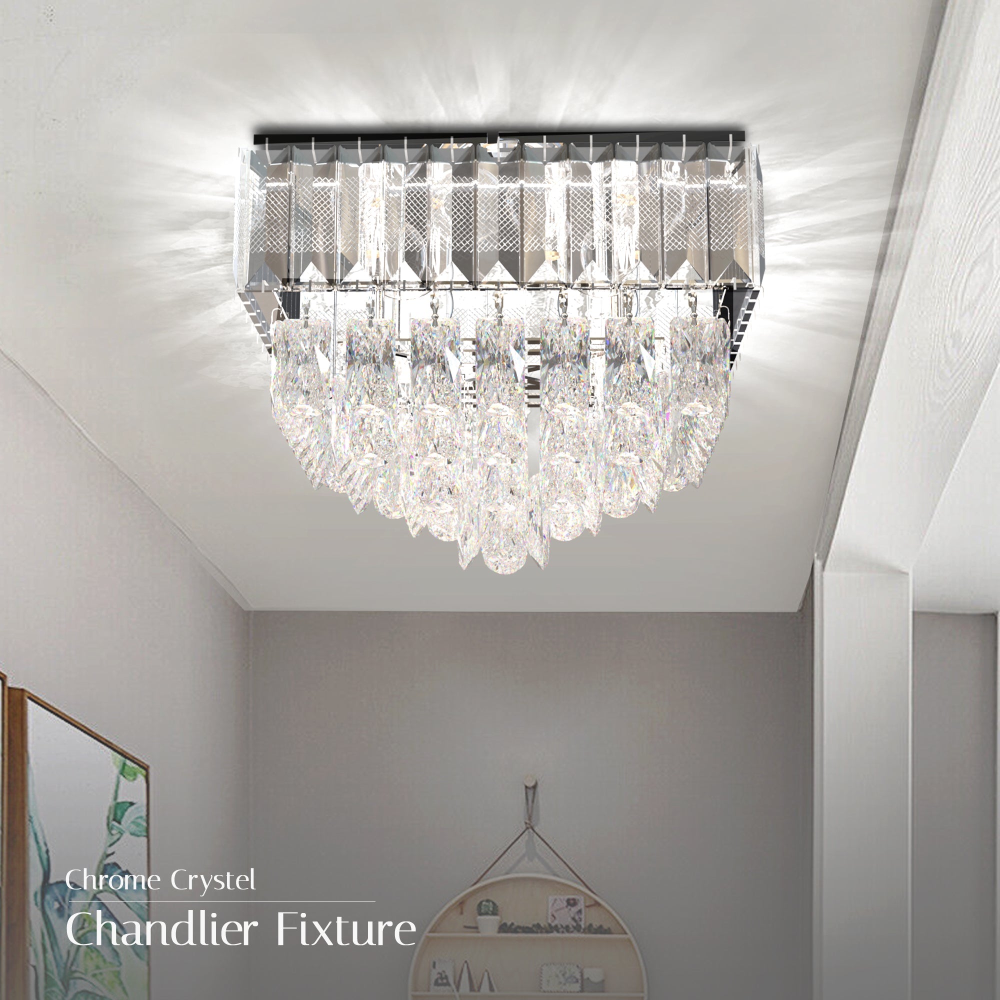 Modern Crystal Chrome Rectangular Droplet Ceiling Chandelier Light