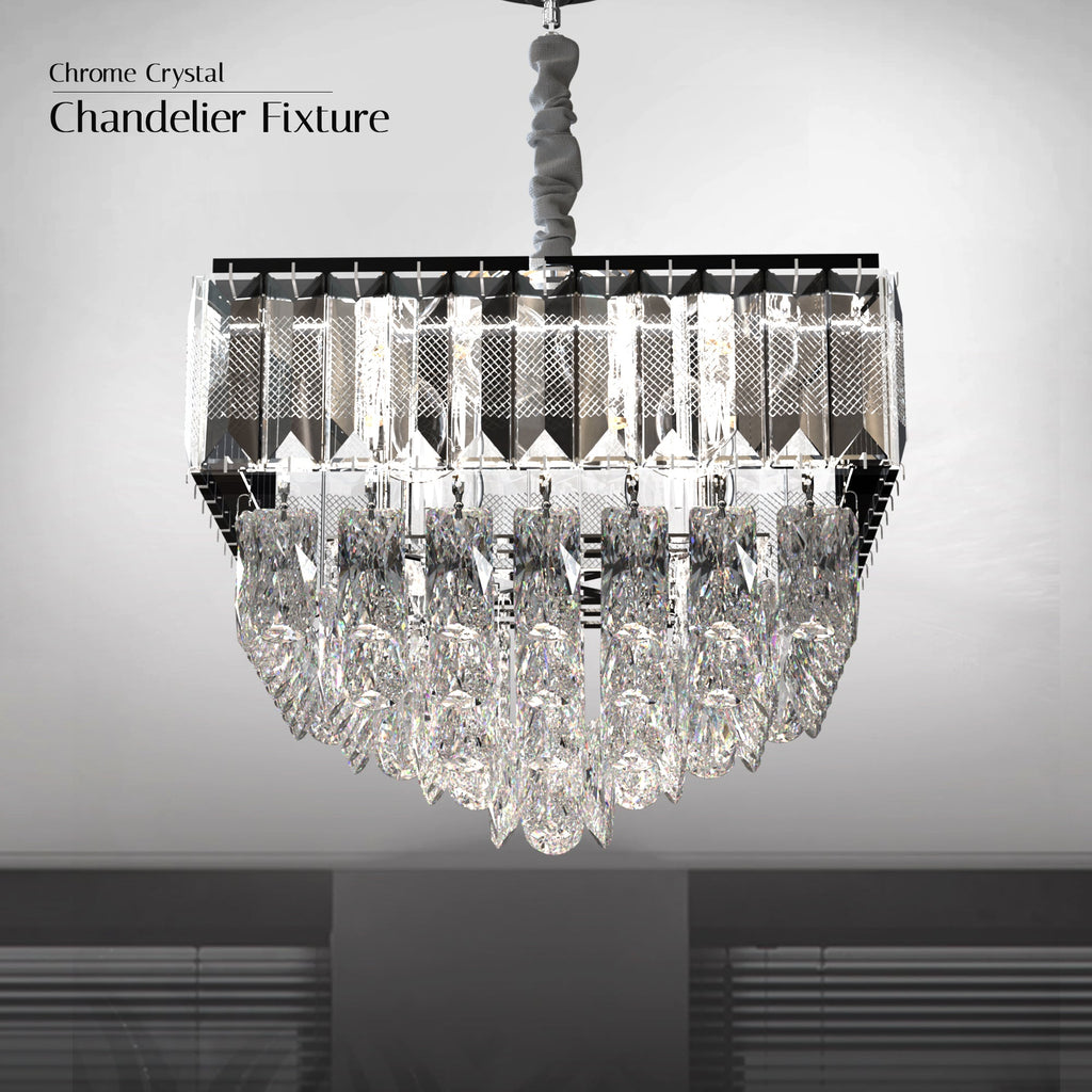 Modern Rectangular Crystal Chrome Droplet Ceiling Chandelier for Elegant Living Rooms