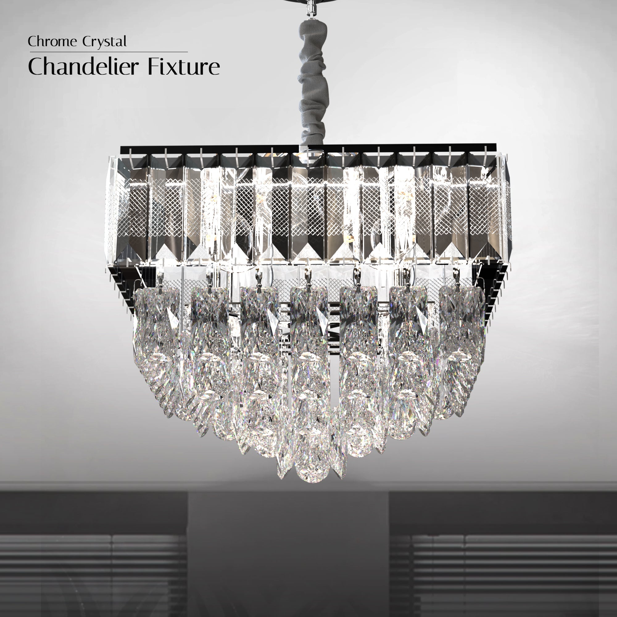 Modern Rectangular Crystal Chrome Droplet Ceiling Chandelier for Elegant Living Rooms