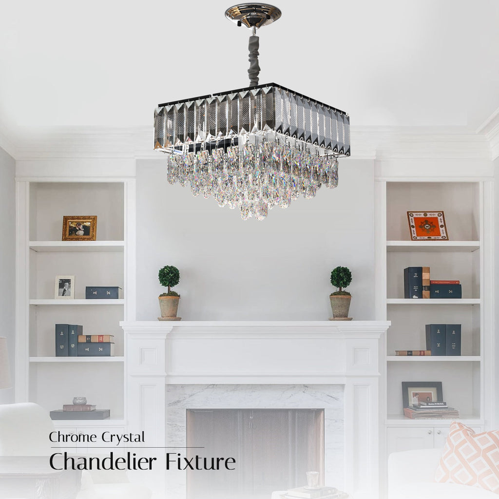Modern Rectangular Crystal Chrome Droplet Ceiling Chandelier for Elegant Living Rooms
