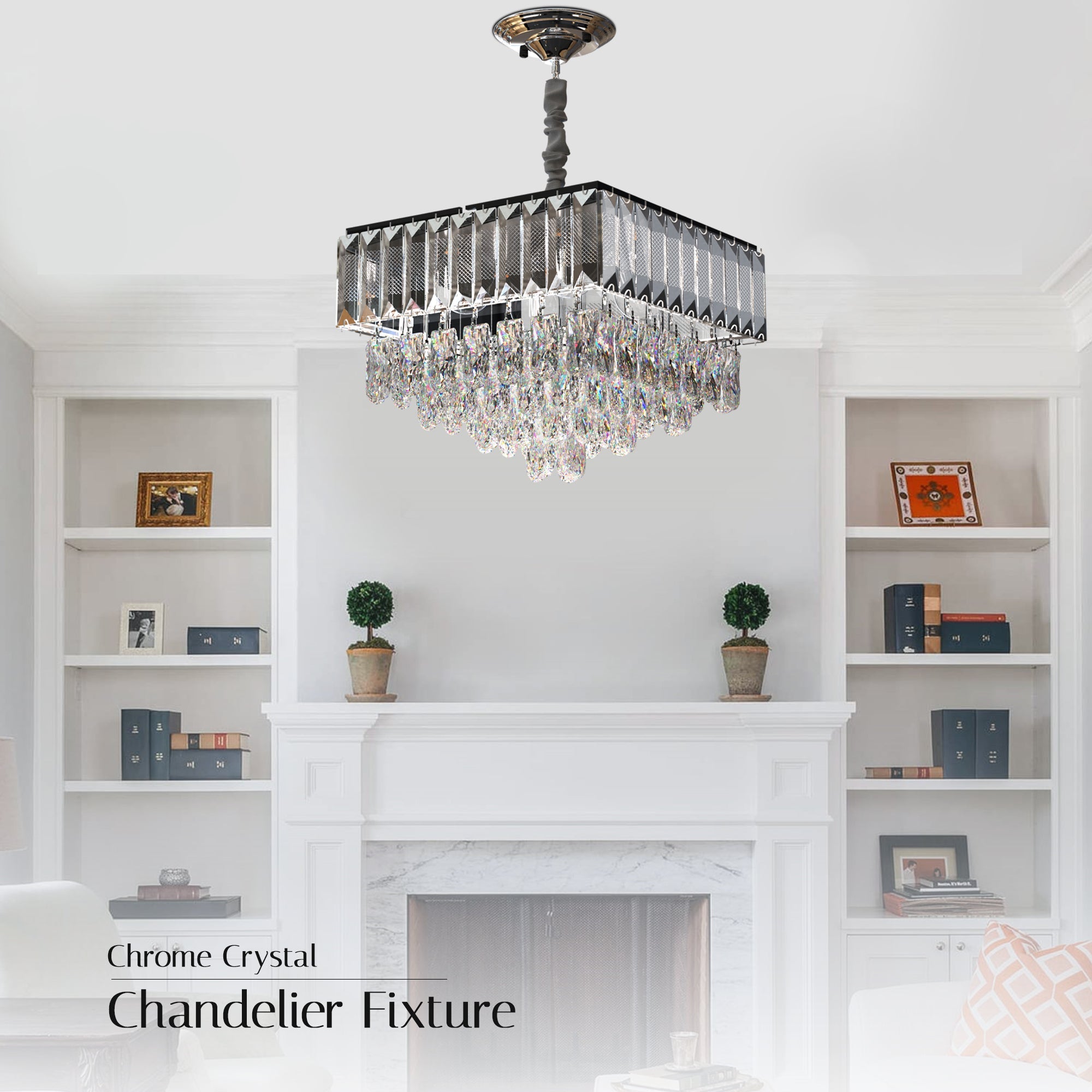 Modern Crystal Chrome Rectangular Droplet Ceiling Chandelier for Living Room