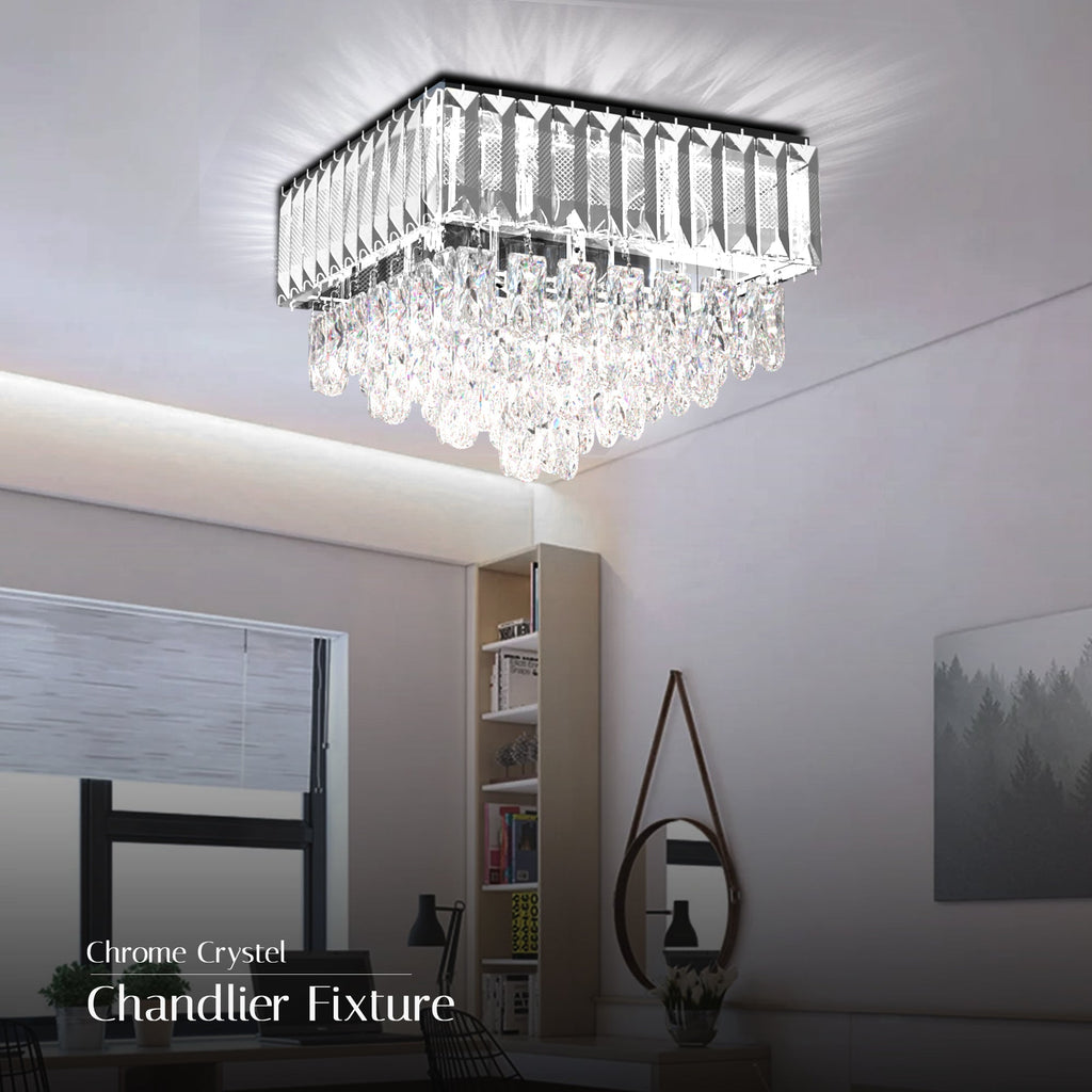 Modern Crystal Chrome Rectangular Droplet Ceiling Chandelier Light