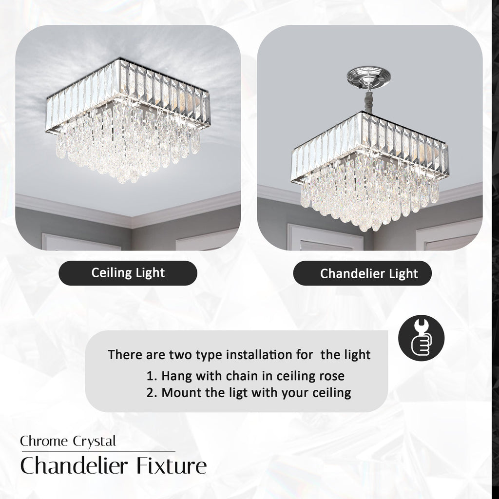 Modern Rectangular Crystal Chrome Droplet Ceiling Chandelier for Elegant Living Rooms