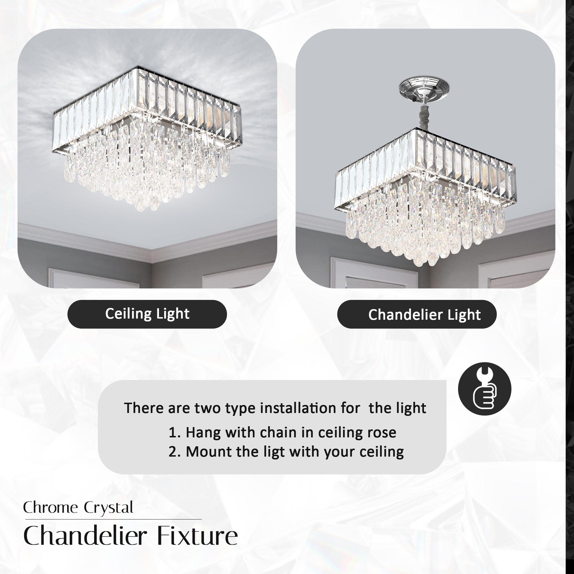 Modern Crystal Chrome Rectangular Droplet Ceiling Chandelier Light